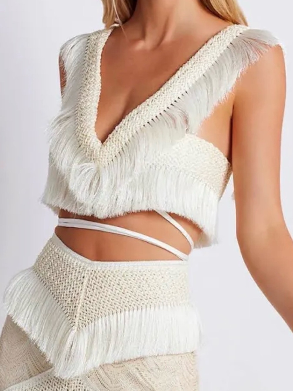 PatBO Ivory Fringe Cropped V-Neck Top - Picture 2 of 4